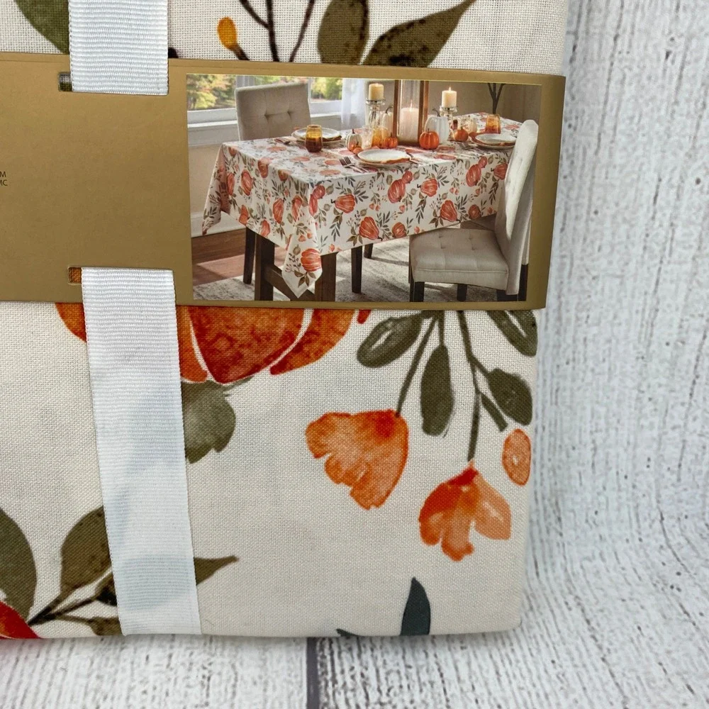 Nicole Miller Home Tablecloth 60x120 Cream Orange Pumpkin Fall Harvest Autumn